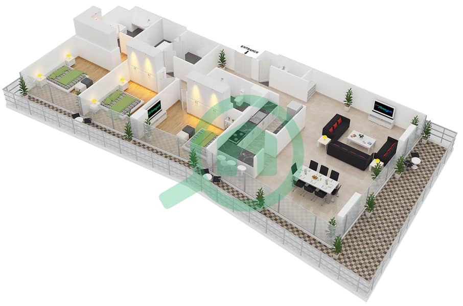 Al Naseem Residence C - 3 Bedroom Apartment Type 207 Floor plan Second Floor interactive3D