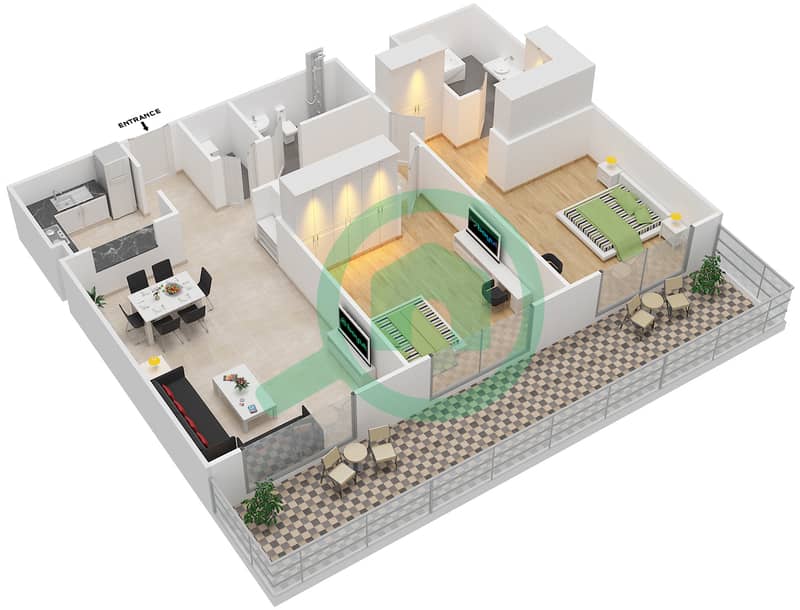 المخططات الطابقية لتصميم النموذج 3 شقة 2 غرفة نوم - هارتلاند أفلوكس Floor 1-2 interactive3D