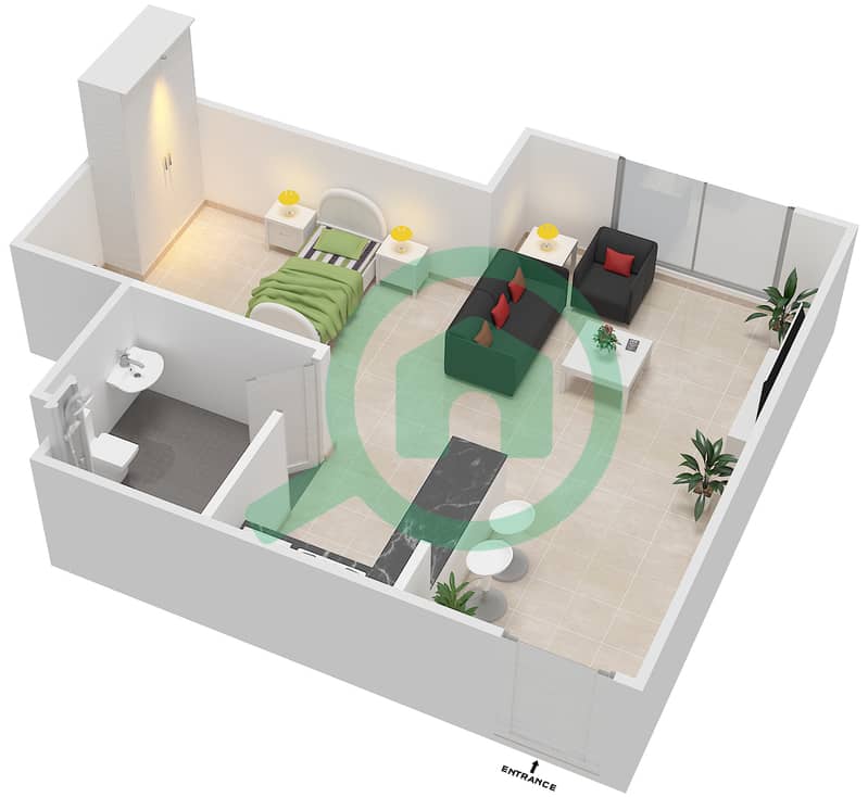 Al Reef Downtown - Studio Apartment Type SB-G Floor plan interactive3D