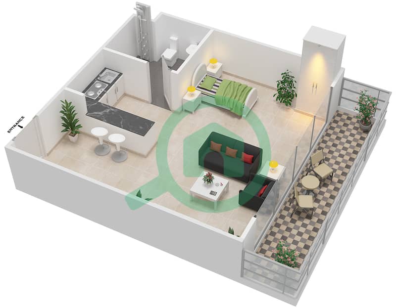 Al Reef Downtown - Studio Apartment Type SD-T Floor plan interactive3D