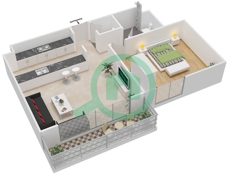 المخططات الطابقية لتصميم النموذج 1B-T شقة 1 غرفة نوم - الریف داون تاون interactive3D