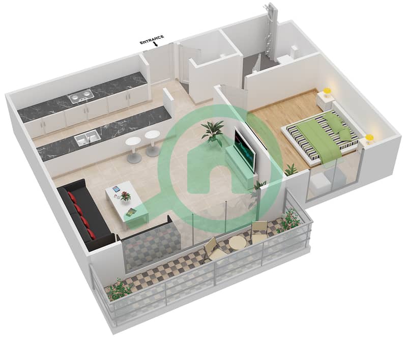 المخططات الطابقية لتصميم النموذج 1A-T شقة 1 غرفة نوم - الریف داون تاون interactive3D