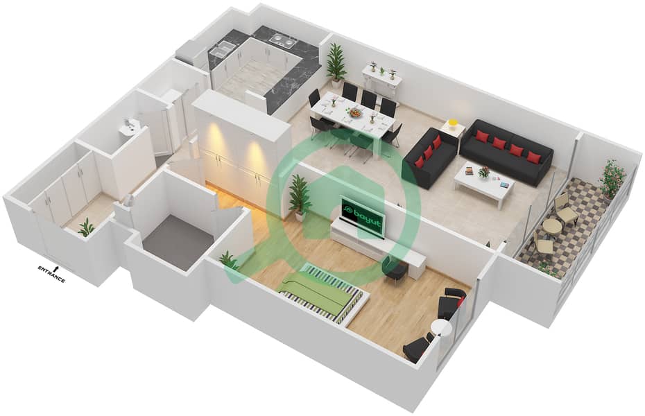 المخططات الطابقية لتصميم النموذج 1C-T شقة 1 غرفة نوم - الریف داون تاون interactive3D