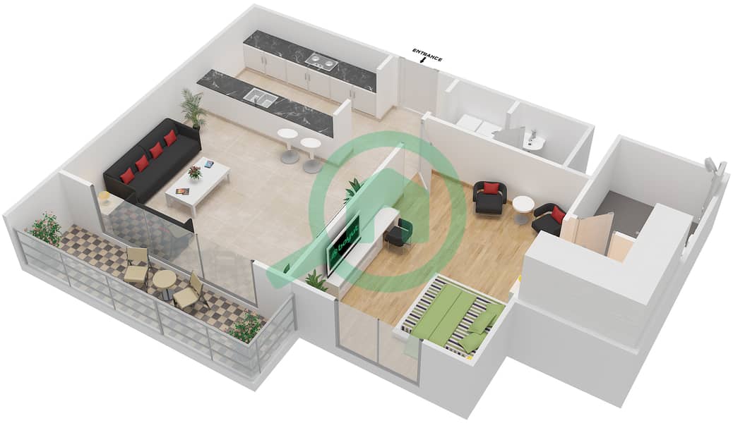 المخططات الطابقية لتصميم النموذج 1D-T شقة 1 غرفة نوم - الریف داون تاون interactive3D