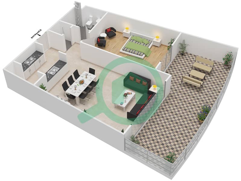 阿尔-雷夫市中心 - 1 卧室公寓类型1G-G戶型图 interactive3D
