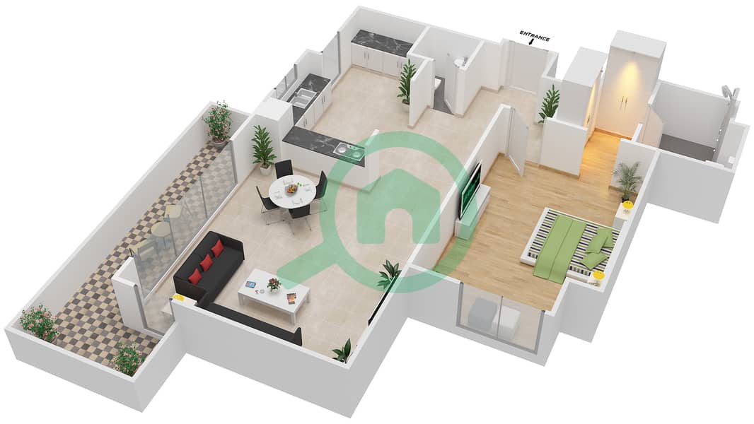 阿尔-雷夫市中心 - 1 卧室公寓类型1J-G戶型图 interactive3D