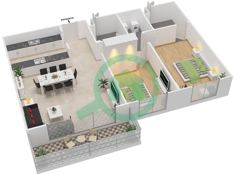 المخططات الطابقية لتصميم النموذج 2A-T شقة 2 غرفة نوم - الریف داون تاون interactive3D