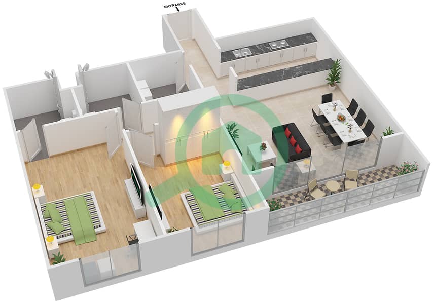 المخططات الطابقية لتصميم النموذج 2B-T شقة 2 غرفة نوم - الریف داون تاون interactive3D