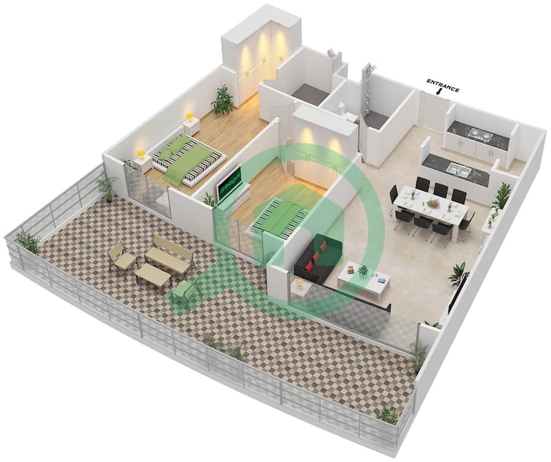 المخططات الطابقية لتصميم النموذج 2F-G شقة 2 غرفة نوم - الریف داون تاون interactive3D