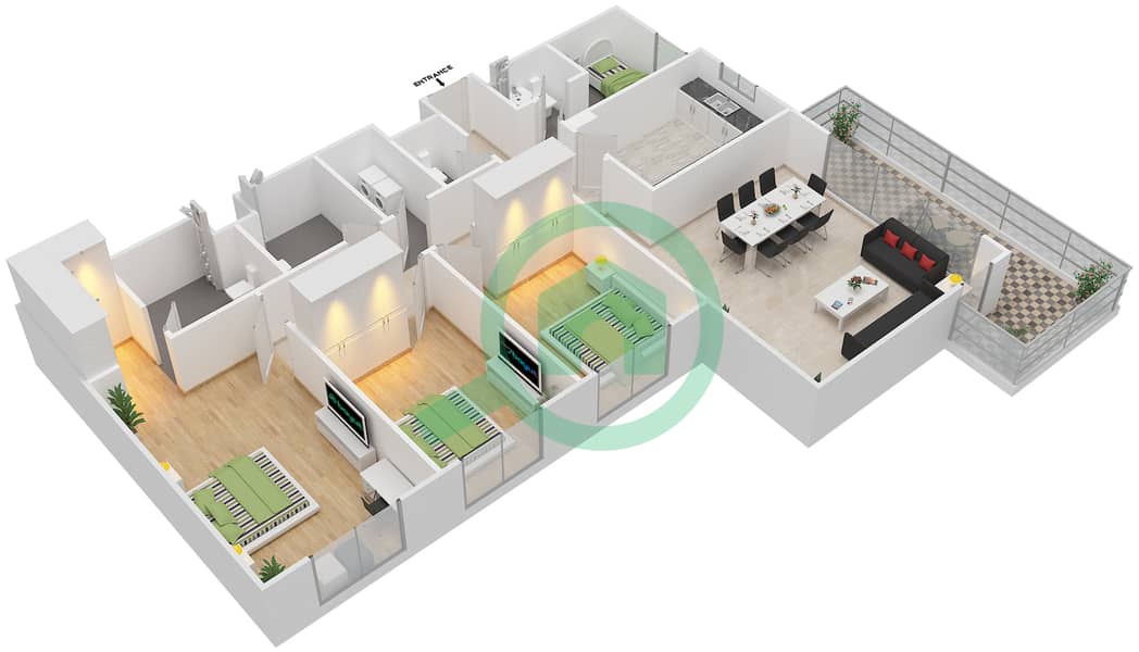 المخططات الطابقية لتصميم النموذج 3A-T شقة 3 غرف نوم - الریف داون تاون interactive3D