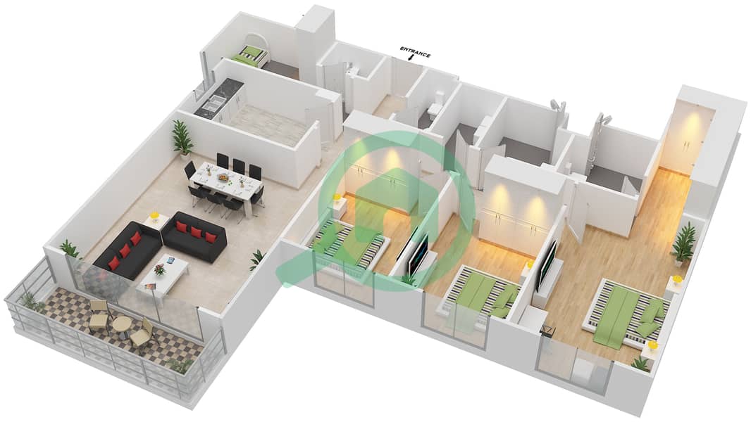 المخططات الطابقية لتصميم النموذج 3B-T شقة 3 غرف نوم - الریف داون تاون interactive3D