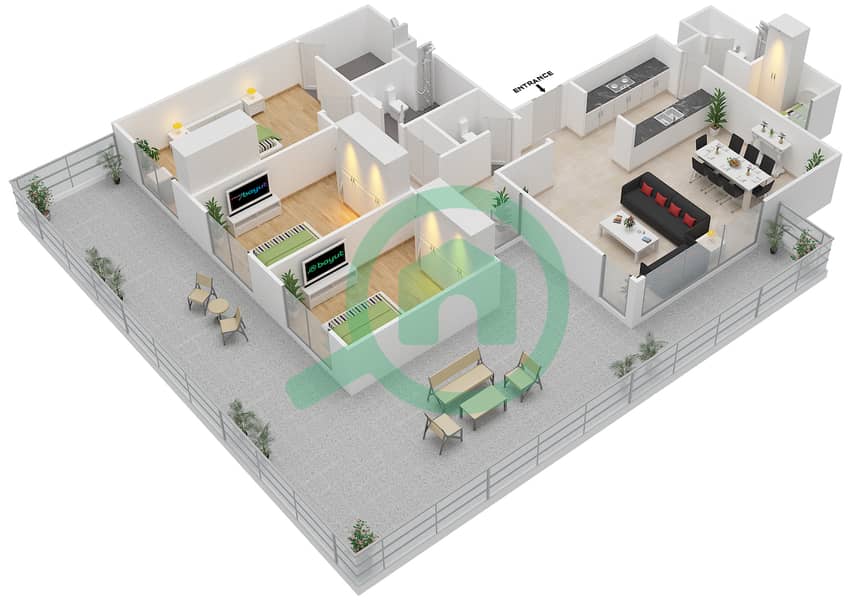 Al Reef Downtown - 3 Bedroom Apartment Type 3D-G Floor plan interactive3D