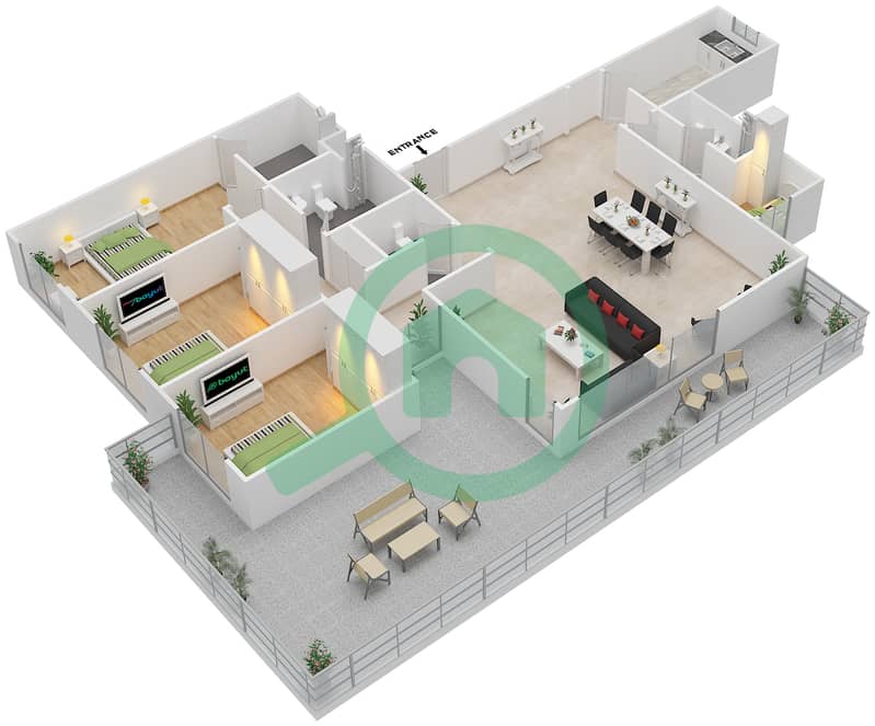 Al Reef Downtown - 3 Bedroom Apartment Type 3E-G Floor plan interactive3D