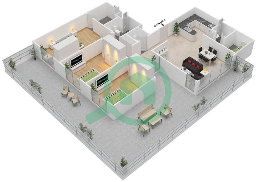 المخططات الطابقية لتصميم النموذج 3F-G شقة 3 غرف نوم - الریف داون تاون interactive3D
