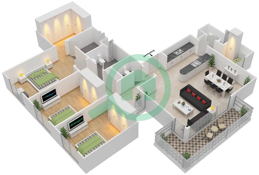 المخططات الطابقية لتصميم النموذج 3C-T شقة 3 غرف نوم - الریف داون تاون interactive3D