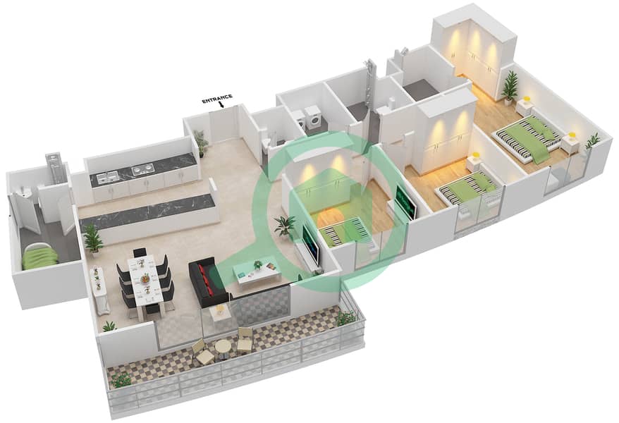 المخططات الطابقية لتصميم النموذج 3G-T شقة 3 غرف نوم - الریف داون تاون interactive3D