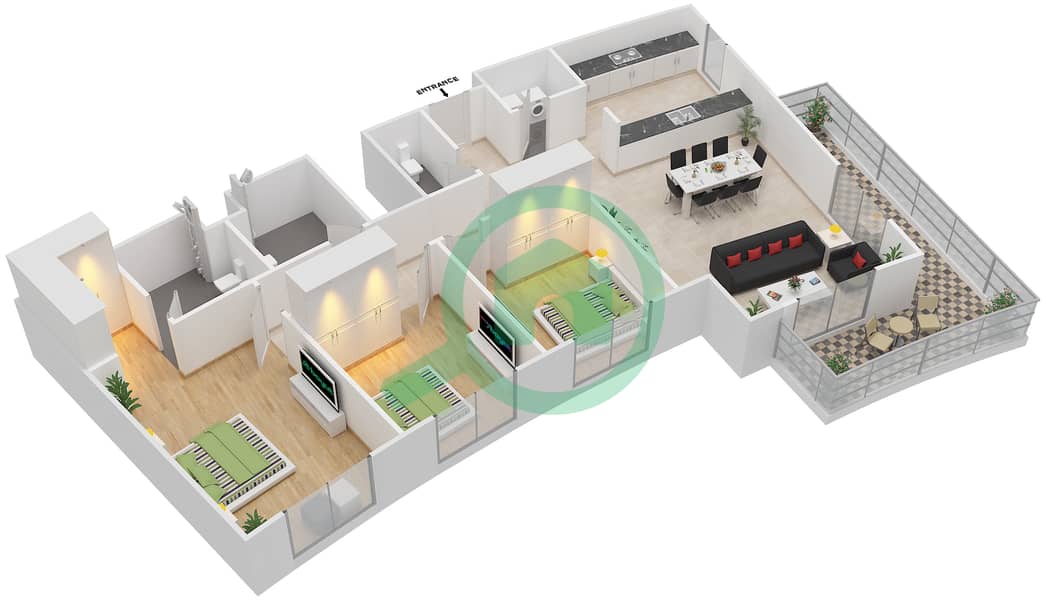 Аль Риф Даунтаун - Апартамент 3 Cпальни планировка Тип 3H-T interactive3D