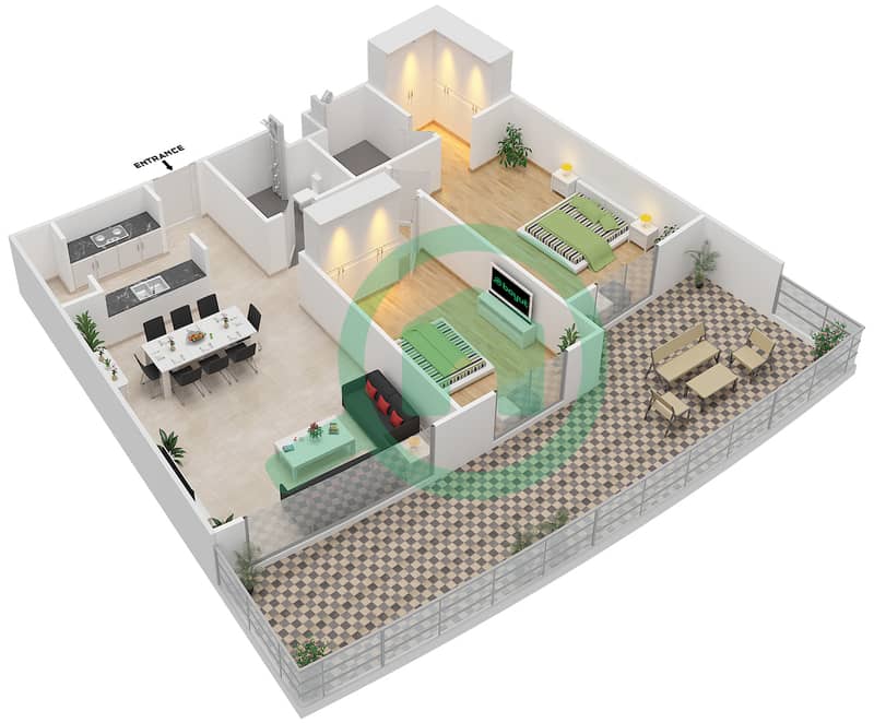 المخططات الطابقية لتصميم النموذج 2G-G شقة 2 غرفة نوم - الریف داون تاون interactive3D