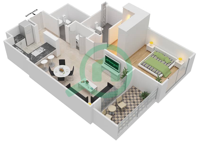 المخططات الطابقية لتصميم النموذج 1 شقة 1 غرفة نوم - ويلتون تيراسز 1 interactive3D