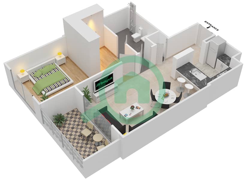 المخططات الطابقية لتصميم النموذج 2 شقة 1 غرفة نوم - ويلتون تيراسز 1 interactive3D