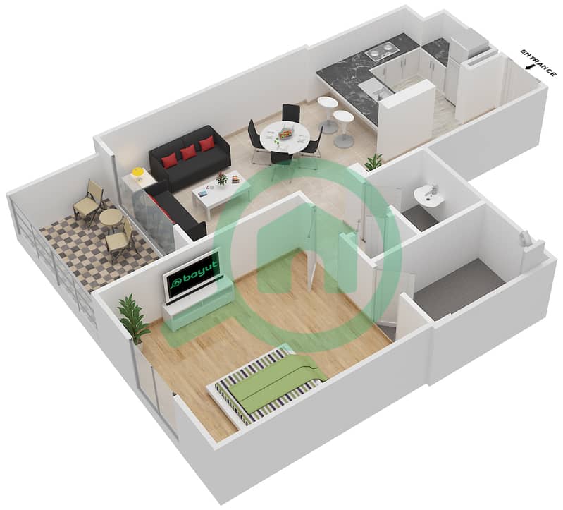 المخططات الطابقية لتصميم النموذج 3 شقة 1 غرفة نوم - ويلتون تيراسز 1 interactive3D