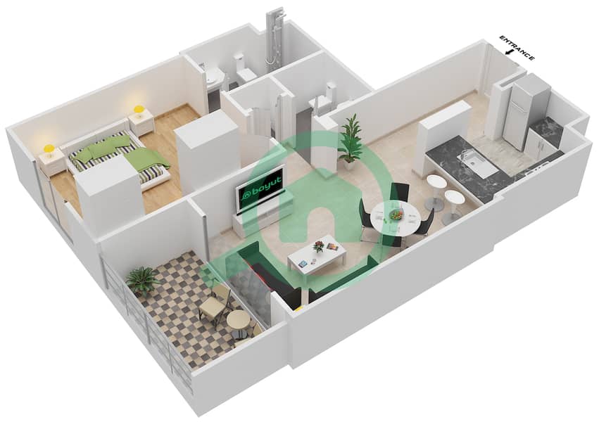 المخططات الطابقية لتصميم النموذج 4 شقة 1 غرفة نوم - ويلتون تيراسز 1 interactive3D
