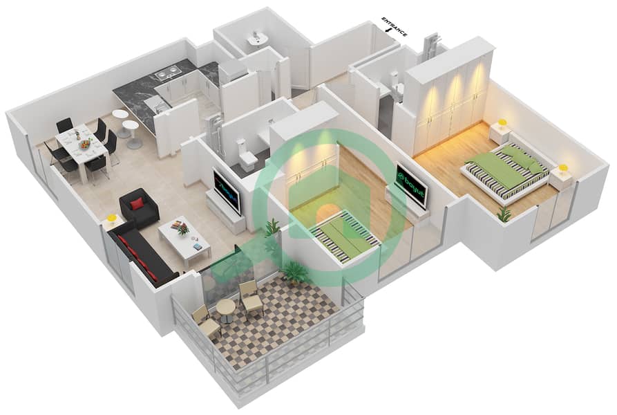 المخططات الطابقية لتصميم النموذج 1 شقة 2 غرفة نوم - ويلتون تيراسز 1 interactive3D