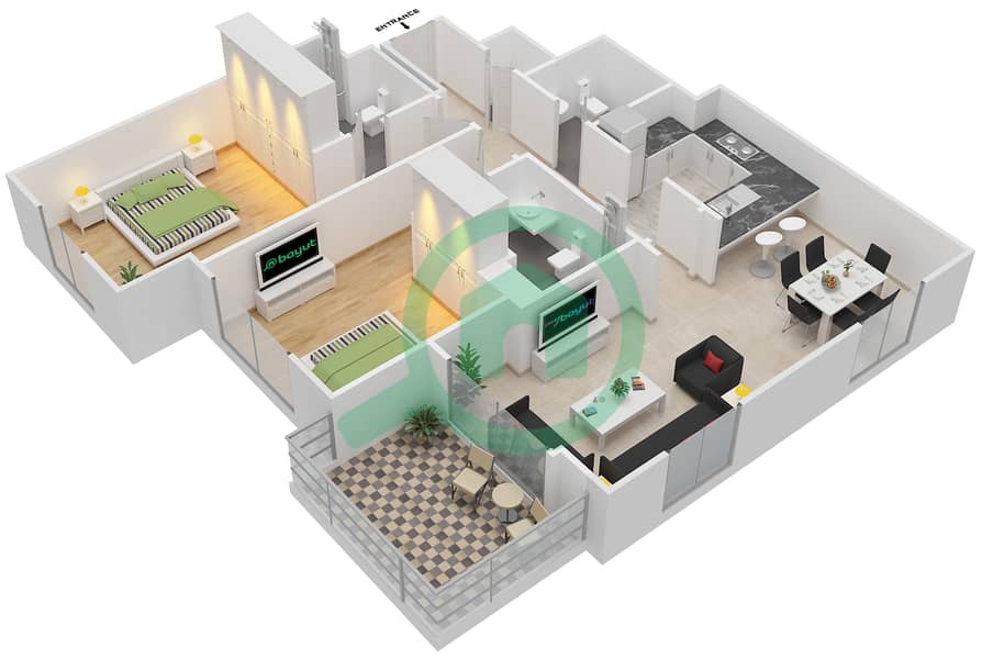 المخططات الطابقية لتصميم النموذج 2 شقة 2 غرفة نوم - ويلتون تيراسز 1 interactive3D