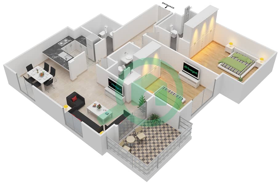 المخططات الطابقية لتصميم النموذج 3 شقة 2 غرفة نوم - ويلتون تيراسز 1 interactive3D