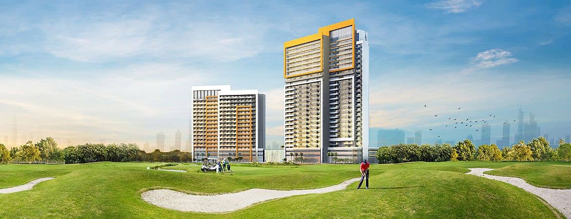 Golf Vita at DAMAC Hills , Luxury apartments with panoramic golf course views .