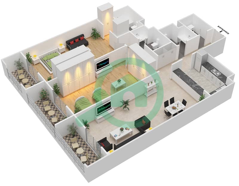 米尔迪夫郁金香小区 - 2 卧室公寓单位C-01戶型图 Floor 1-4 interactive3D