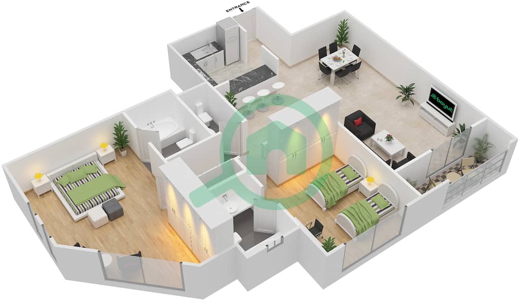 Мирдиф Тюлип - Апартамент 2 Cпальни планировка Единица измерения A-04 Floor 1-4 interactive3D