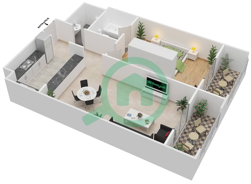 المخططات الطابقية لتصميم الوحدة A-06 شقة 1 غرفة نوم - مردف توليب Floor 1-4 interactive3D