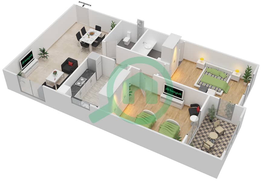 米尔迪夫郁金香小区 - 2 卧室公寓单位A-01戶型图 Floor 1-4 interactive3D