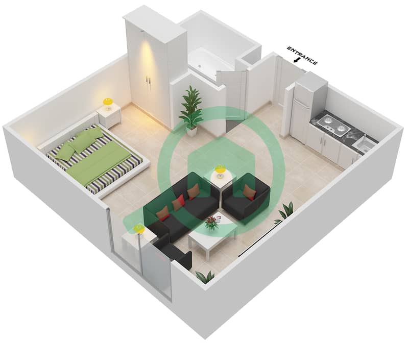 Mirdif Tulip - Studio Apartment Unit A-08 Floor plan Floor 1-4 interactive3D