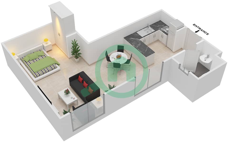 Мирдиф Тюлип - Апартамент Студия планировка Единица измерения A-07 Floor 1-4 interactive3D