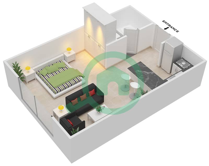 المخططات الطابقية لتصميم الوحدة A-09 شقة استوديو - مردف توليب Floor 1-4 interactive3D
