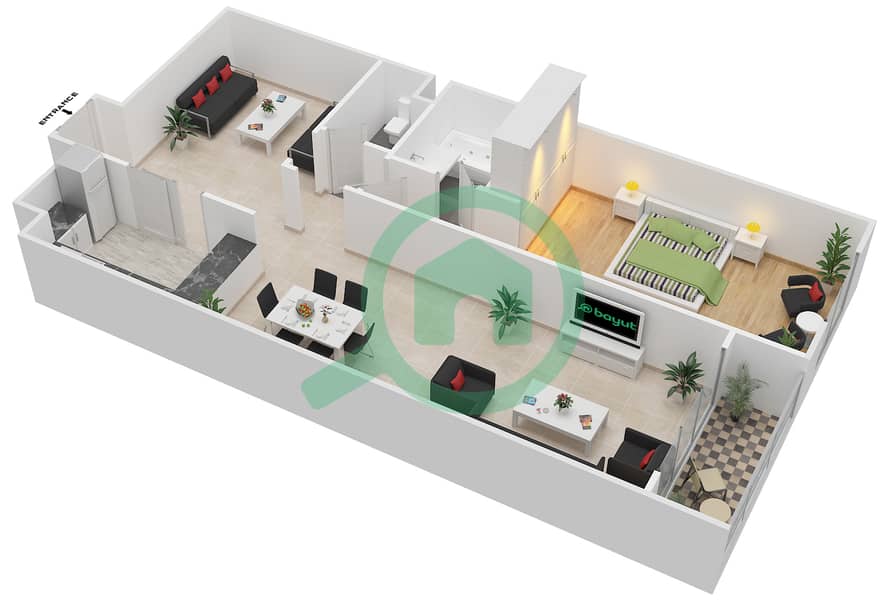 المخططات الطابقية لتصميم الوحدة C-06 شقة 1 غرفة نوم - مردف توليب Floor 1-4 interactive3D