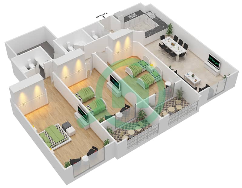 米尔迪夫郁金香小区 - 3 卧室公寓单位C-03戶型图 Floor 1-4 interactive3D