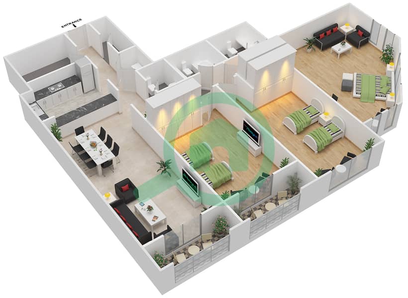 Мирдиф Тюлип - Апартамент 3 Cпальни планировка Единица измерения C-02 Floor 1-4 interactive3D