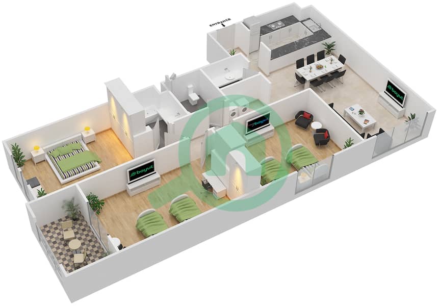 Мирдиф Тюлип - Апартамент 3 Cпальни планировка Единица измерения C-04 Floor 1-4 interactive3D