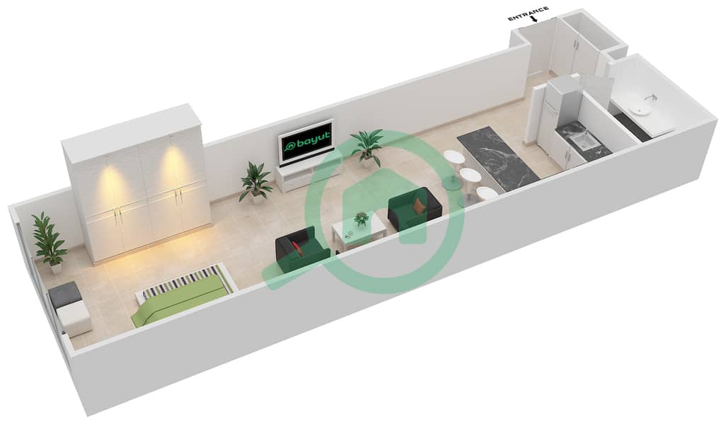 米尔迪夫郁金香小区 - 单身公寓单位B-02戶型图 interactive3D