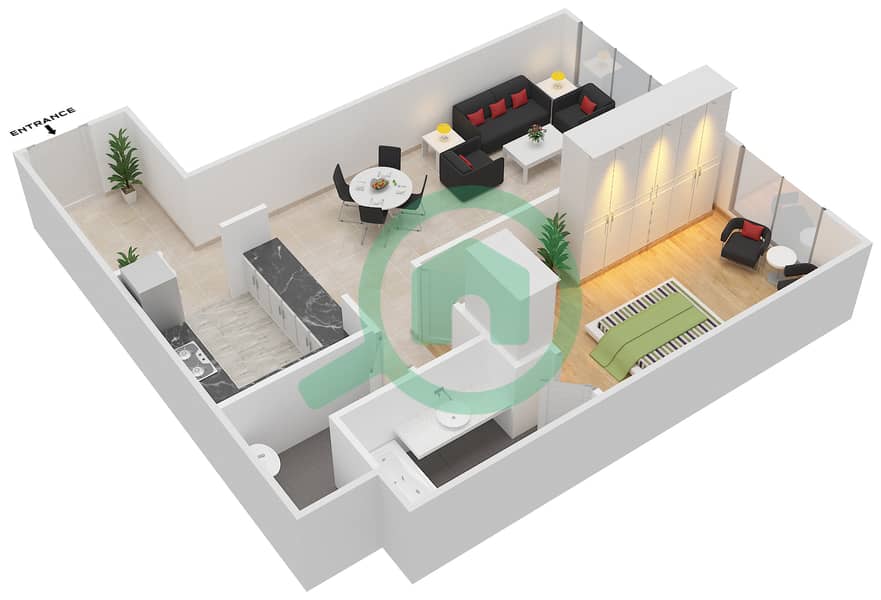 米尔迪夫郁金香小区 - 1 卧室公寓单位A-11戶型图 Floor 1-4 interactive3D