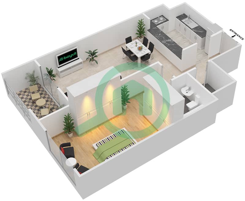 米尔迪夫郁金香小区 - 1 卧室公寓单位A-03戶型图 interactive3D
