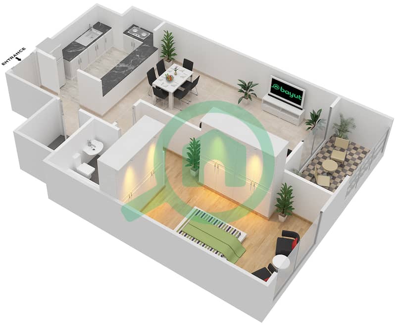 المخططات الطابقية لتصميم الوحدة A-02 شقة 1 غرفة نوم - مردف توليب Floor 1-4 interactive3D