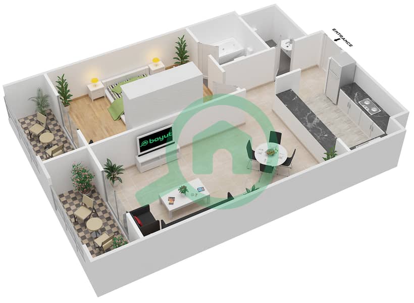 米尔迪夫郁金香小区 - 1 卧室公寓单位A-05戶型图 Floor 1-4 interactive3D