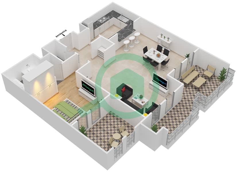 المخططات الطابقية لتصميم النموذج B شقة 1 غرفة نوم - شروق مردف interactive3D