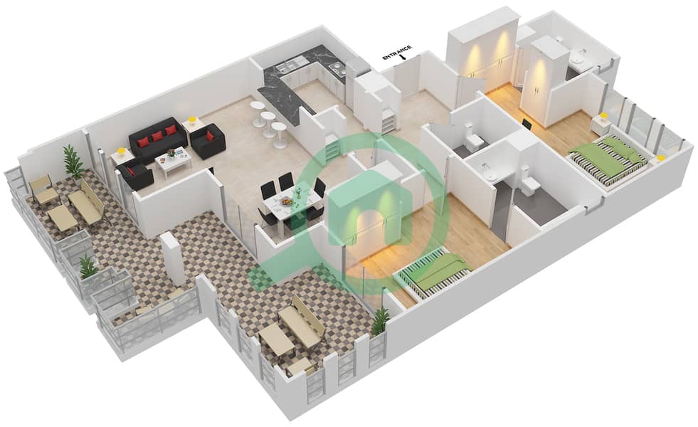 المخططات الطابقية لتصميم النموذج C شقة 2 غرفة نوم - شروق مردف interactive3D