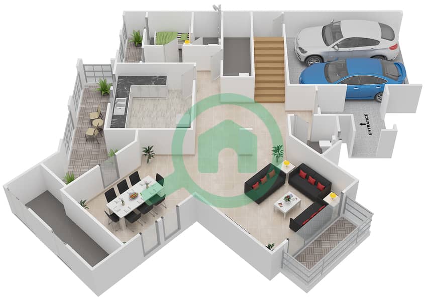 Шорук Мирдиф - Вилла 3 Cпальни планировка Тип E Ground Floor interactive3D