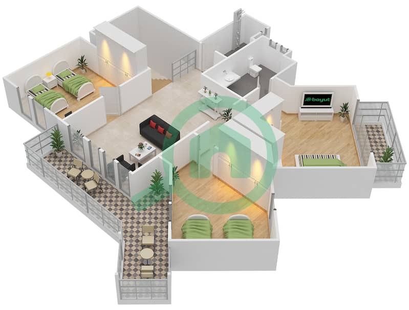 المخططات الطابقية لتصميم النموذج E فیلا 3 غرف نوم - شروق مردف First Floor interactive3D
